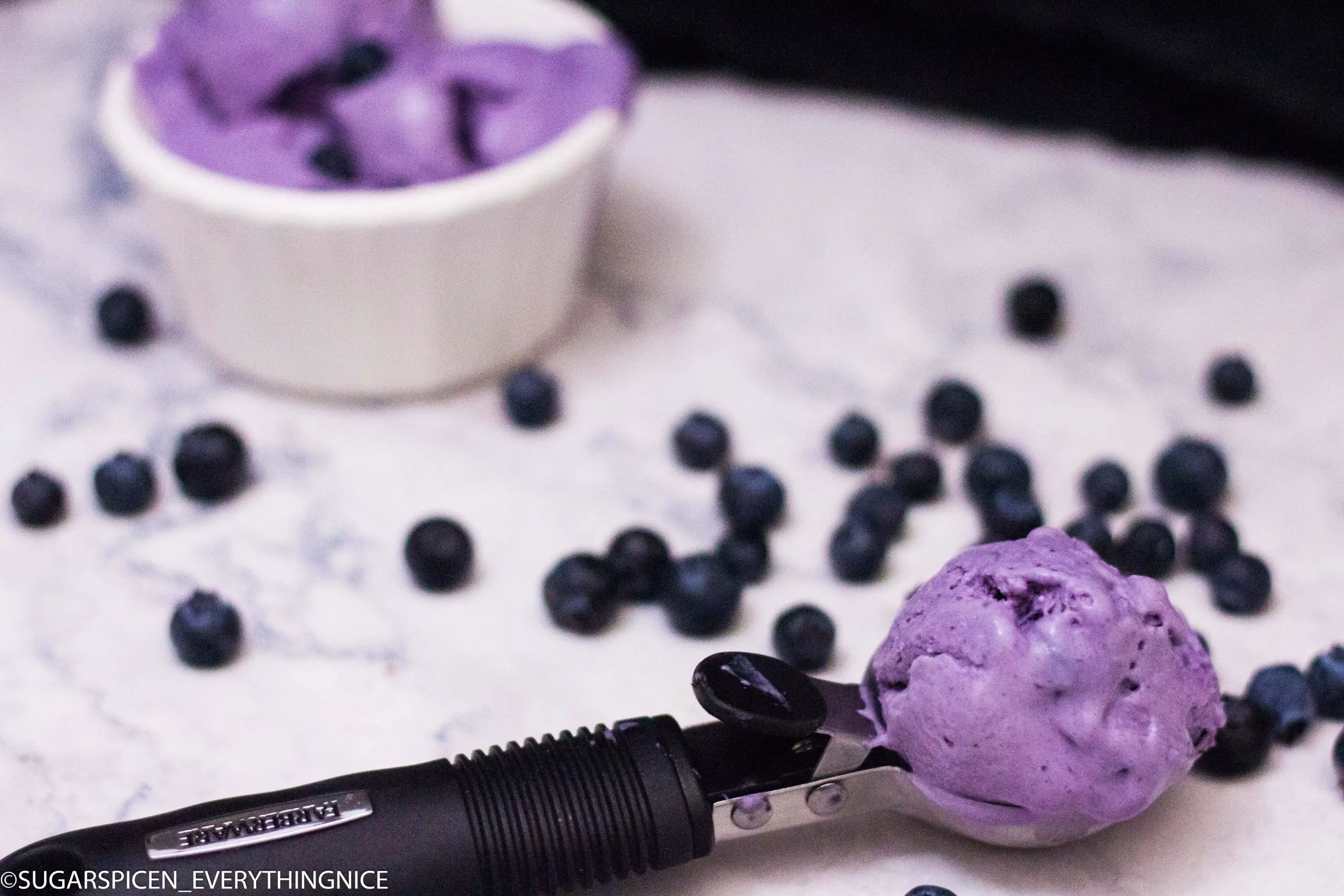 No Churn Blueberry Ice Cream in a scoop withe blueberries scattered around