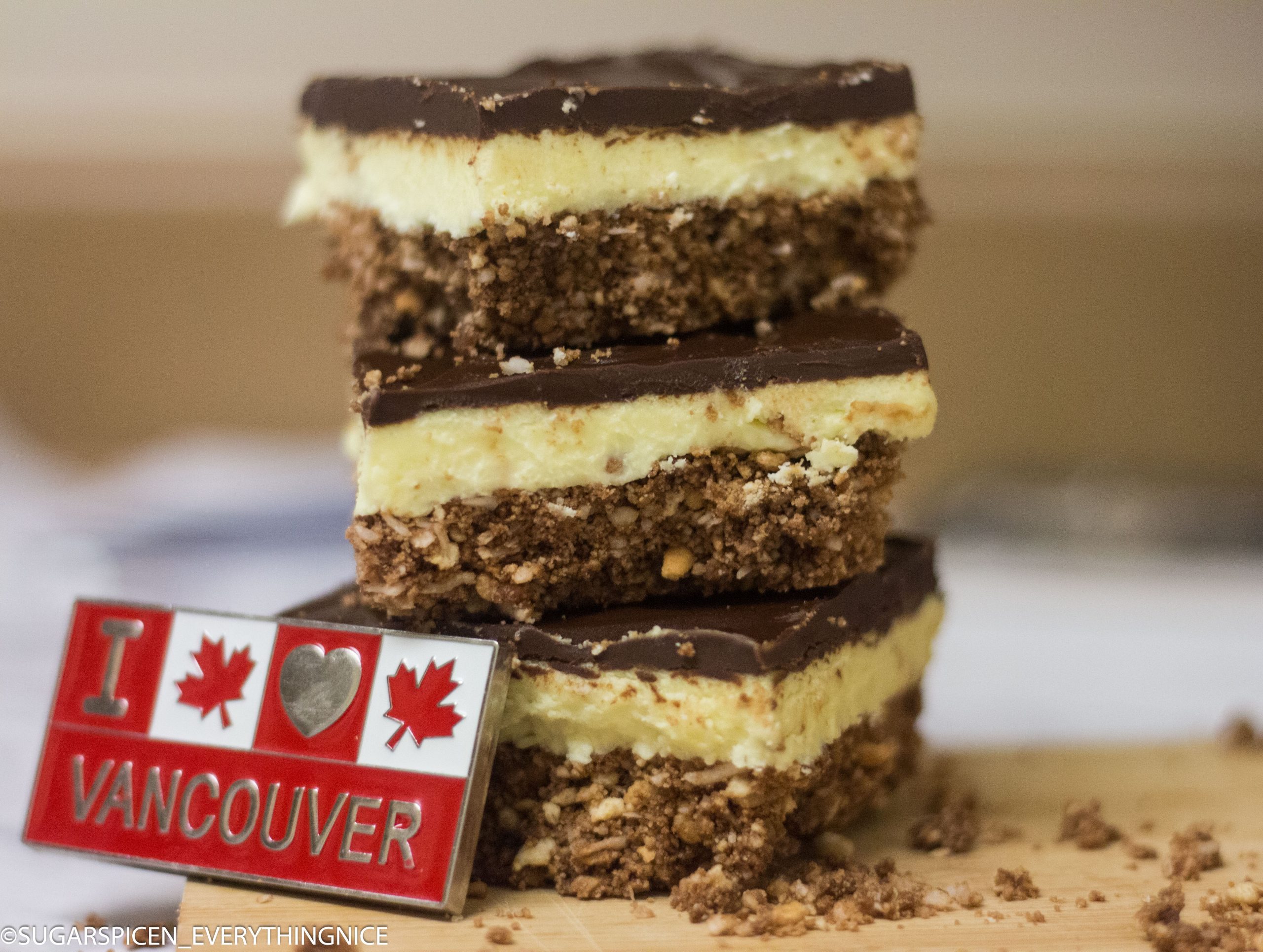 3 Nanaimo bars and a I love vancouver magnet