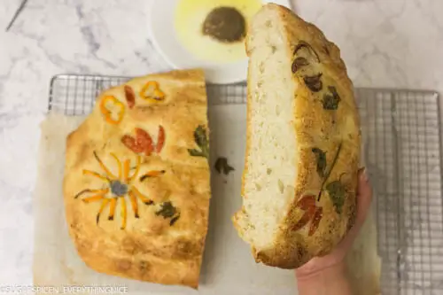 sliced open vegan yeast bread showing texture of the bread