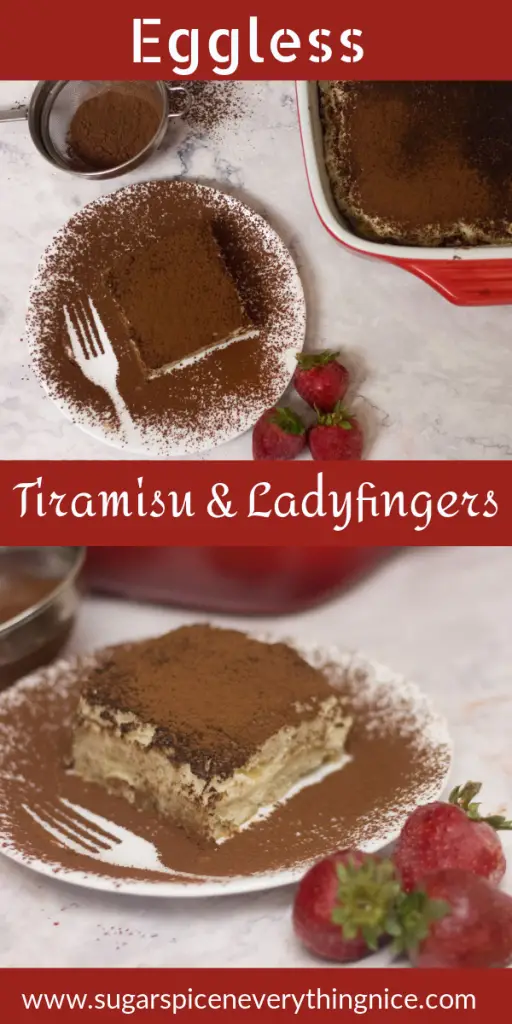 Eggless tiramisu covered in cocoa powder and 3 strawberries kept on the side