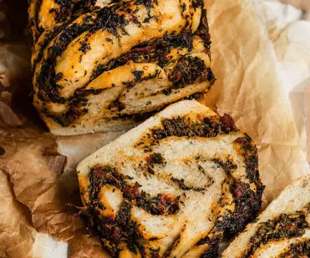 Spinach Tomato Babka cut into slices