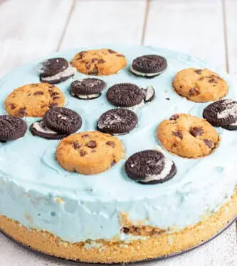 Cookie Monster Cheesecake with various cookies on top