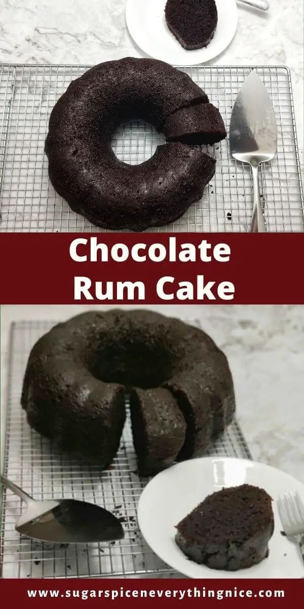 chocolate rum cake with one piece cut -top view and side view