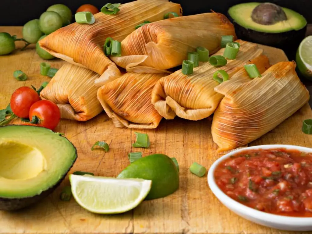 6 tamales kept on a table with avocado and salsa kept on the side