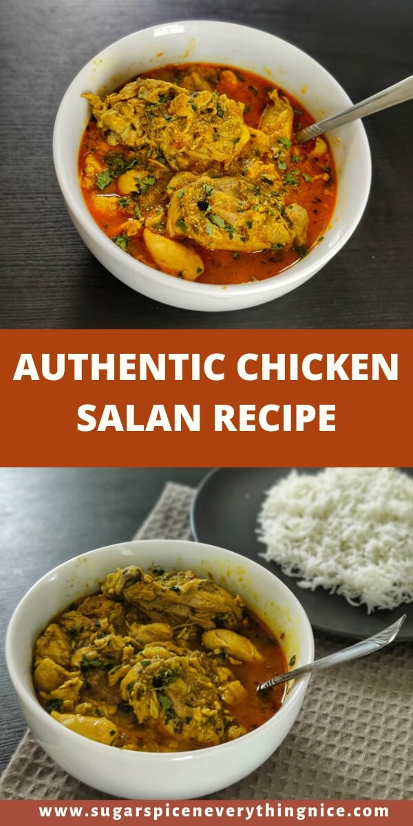 chicken salan in a white bowl and a side of basmati rice.