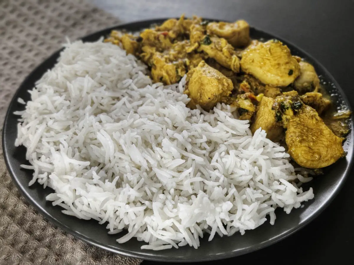 white basmati rice made in instant pot and chicken salan on the same plate