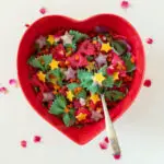 colorful pasta in a heart shaped bowl