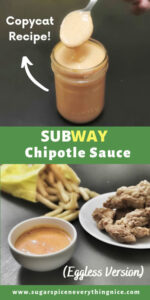 Subway Chipotle Sauce (Copycat Recipe) subway chipotle sauce in a mason jar scooped by a spoon and french fries and fried chicken in the background