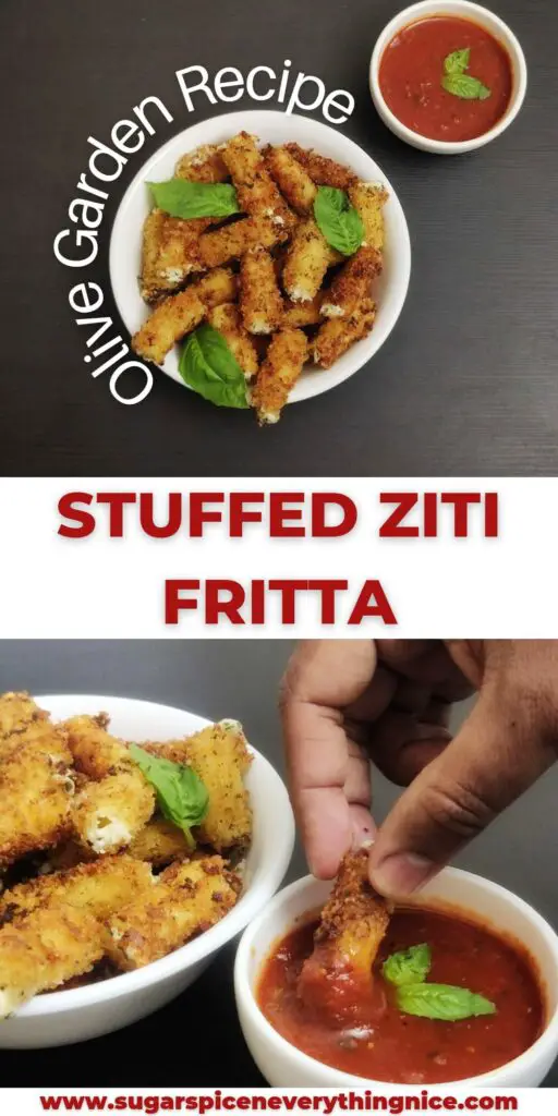 stuffed ziti fritta kept in a white bowl with basil leaves spread on it with a side of marinara sauce kept on the side
