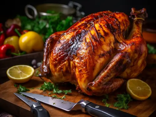 rotisserie chicken kept on a wooden surface with knife and lemon on the side