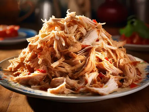 shredded rotisserie chicken on a white plate