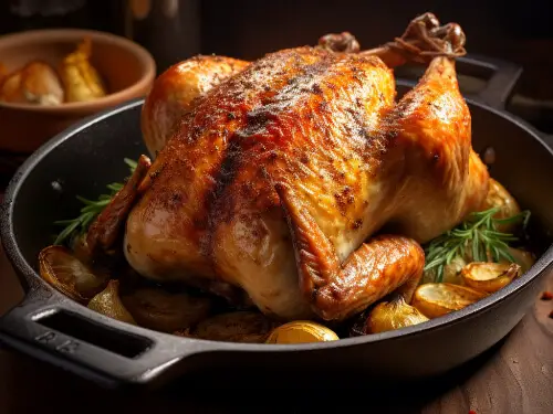 rotisserie chicken kept on a dutch oven