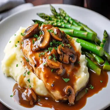 ina garten chicken marsala made with chicken breast and mushrooms and marsala sauce on a white plate. It is served on mashed potatoes and a side of asparagus