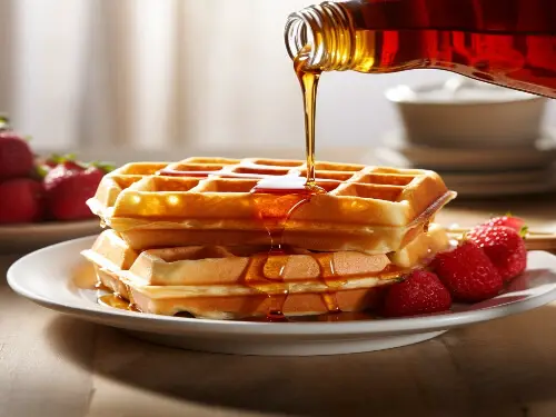 aunt jemima syrup being poured over waffles