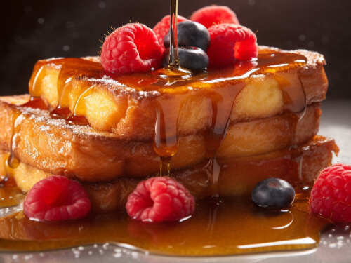 aunt jemima syrup being poured over french toast