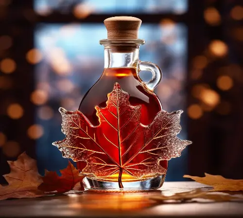 pure maple syrup in a glass container shaped as maple leaf