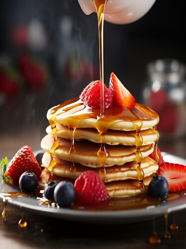 aunt jemima syrup being poured over stack of pancakes
