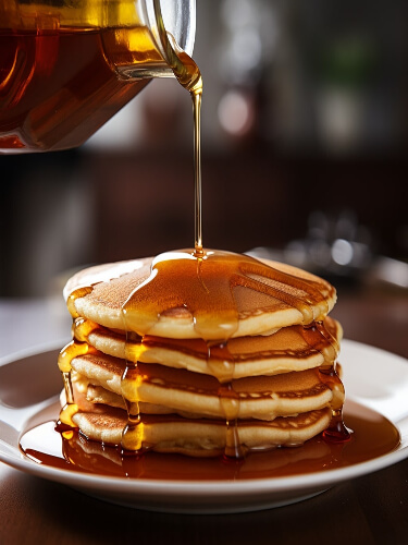 aunt jemima syrup being poured over stack of pancakes