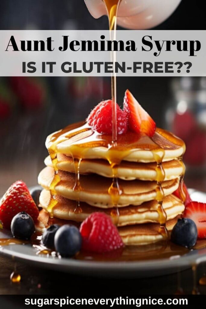 aunt jemima syrup being poured over stack of pancakes