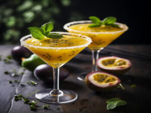Easy Pornstar Martini Mocktail Recipe (Non-Alcoholic) pornstar martini mocktail in 2 martini glasses with cut passionfruits on the side