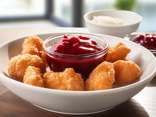 bronco berry sauce with chicken nuggets kept around it